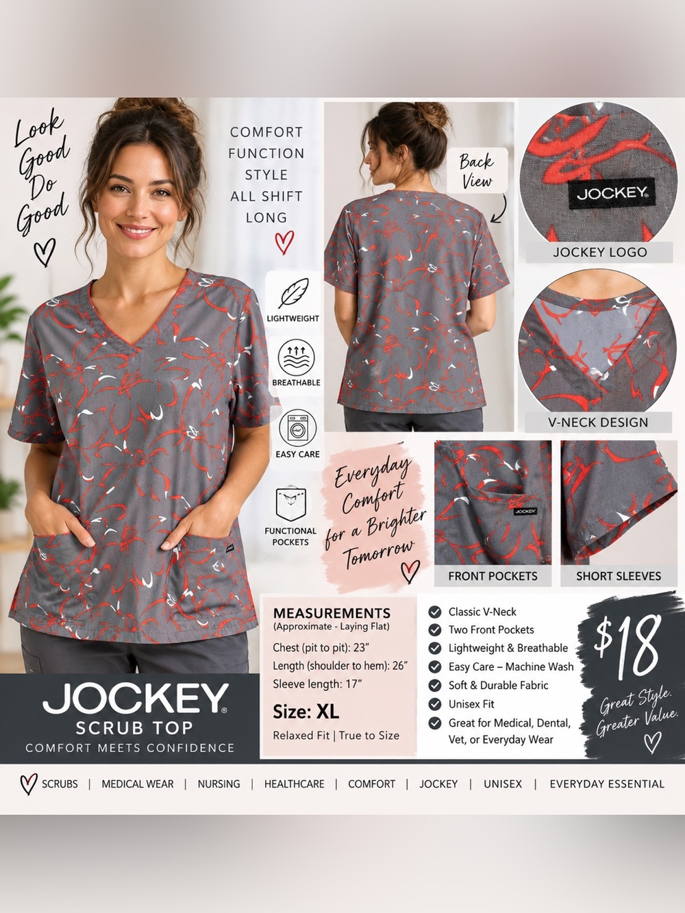 Jockey Women's V-Neck Gray Scrub Top with Red & White Print